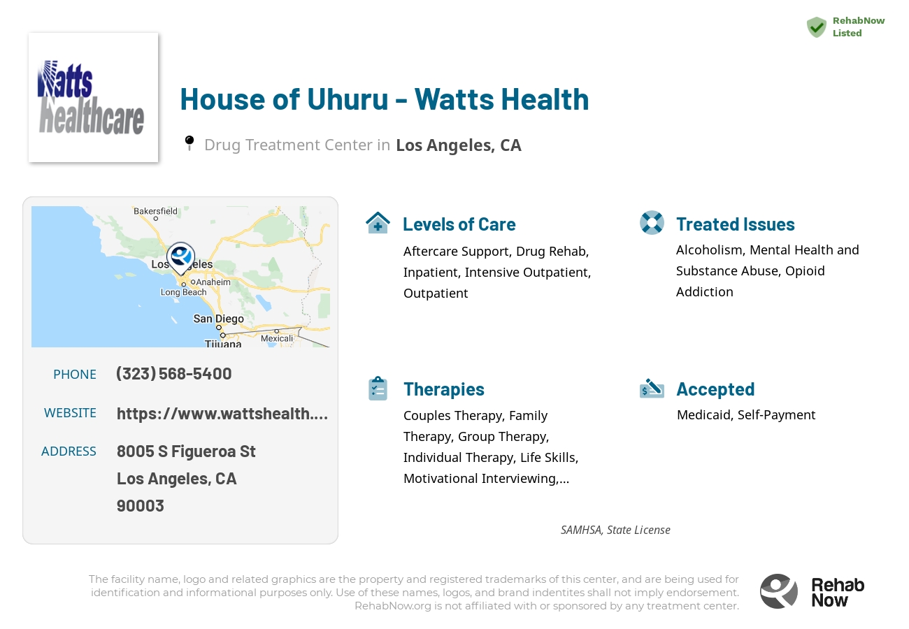 Helpful reference information for House of Uhuru - Watts Health, a drug treatment center in California located at: 8005 S Figueroa St, Los Angeles, CA 90003, including phone numbers, official website, and more. Listed briefly is an overview of Levels of Care, Therapies Offered, Issues Treated, and accepted forms of Payment Methods.
