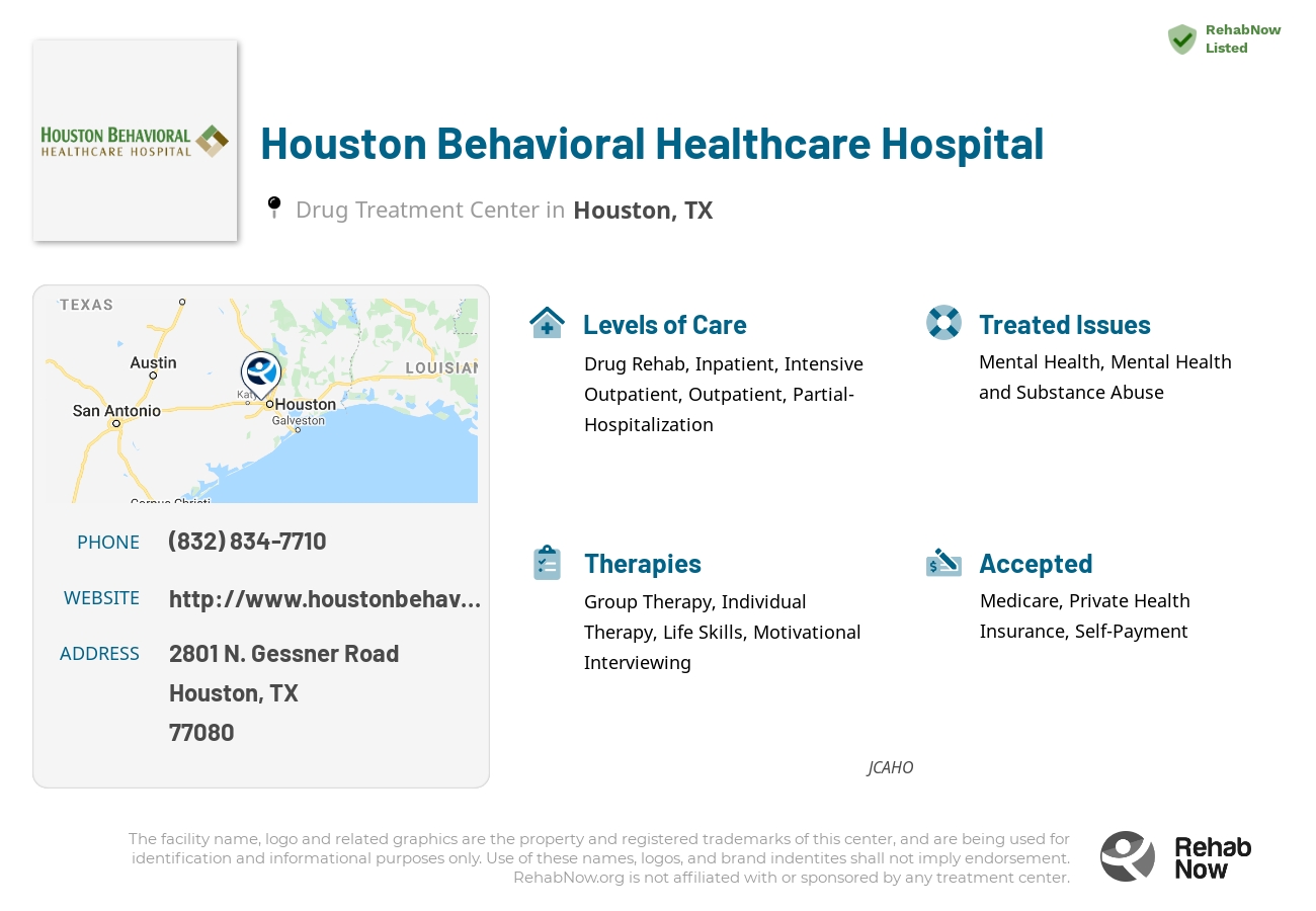 Helpful reference information for Houston Behavioral Healthcare Hospital, a drug treatment center in Texas located at: 2801 N. Gessner Road, Houston, TX, 77080, including phone numbers, official website, and more. Listed briefly is an overview of Levels of Care, Therapies Offered, Issues Treated, and accepted forms of Payment Methods.