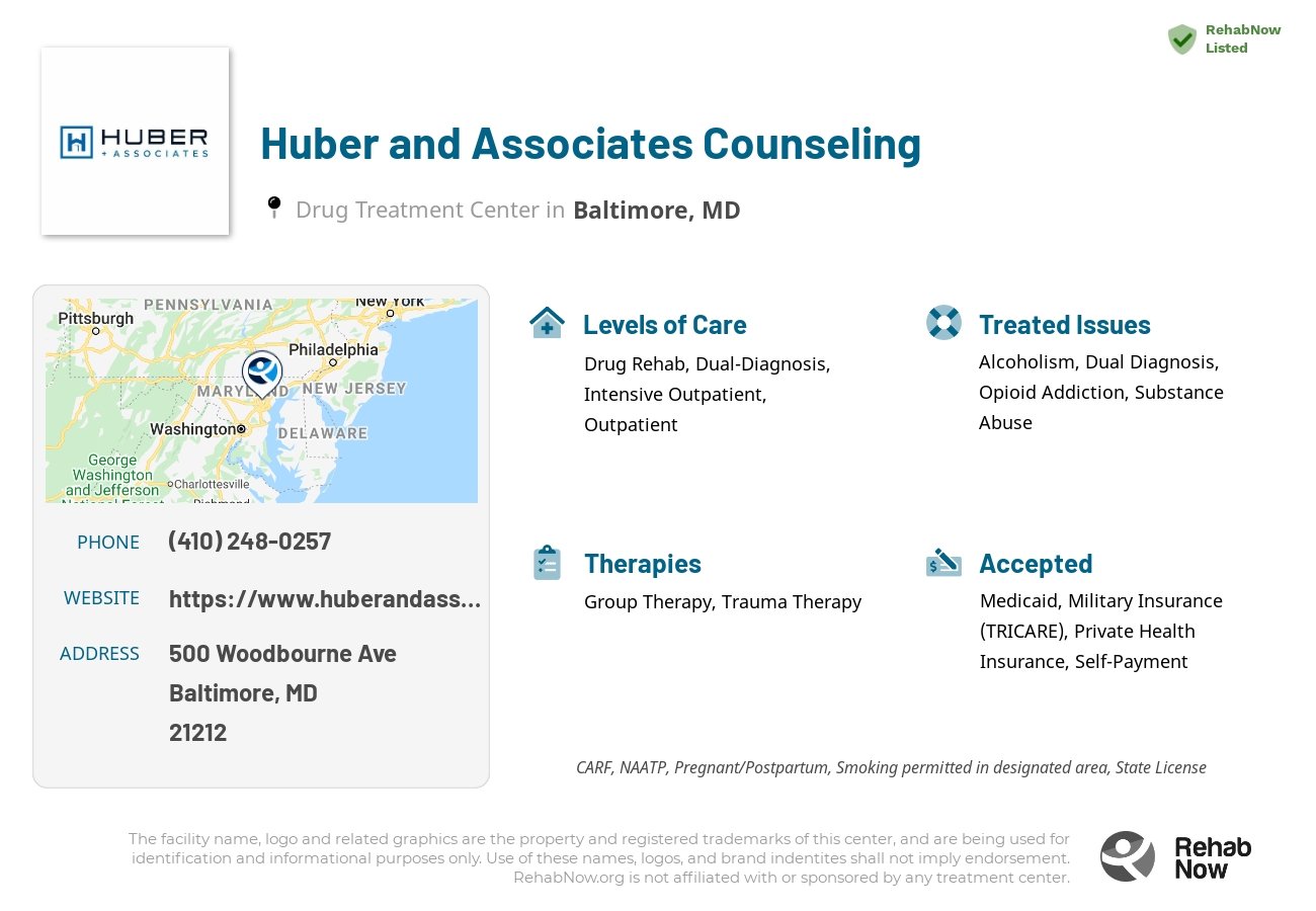 Helpful reference information for Huber and Associates Counseling, a drug treatment center in Maryland located at: 500 Woodbourne Ave, Baltimore, MD 21212, including phone numbers, official website, and more. Listed briefly is an overview of Levels of Care, Therapies Offered, Issues Treated, and accepted forms of Payment Methods.
