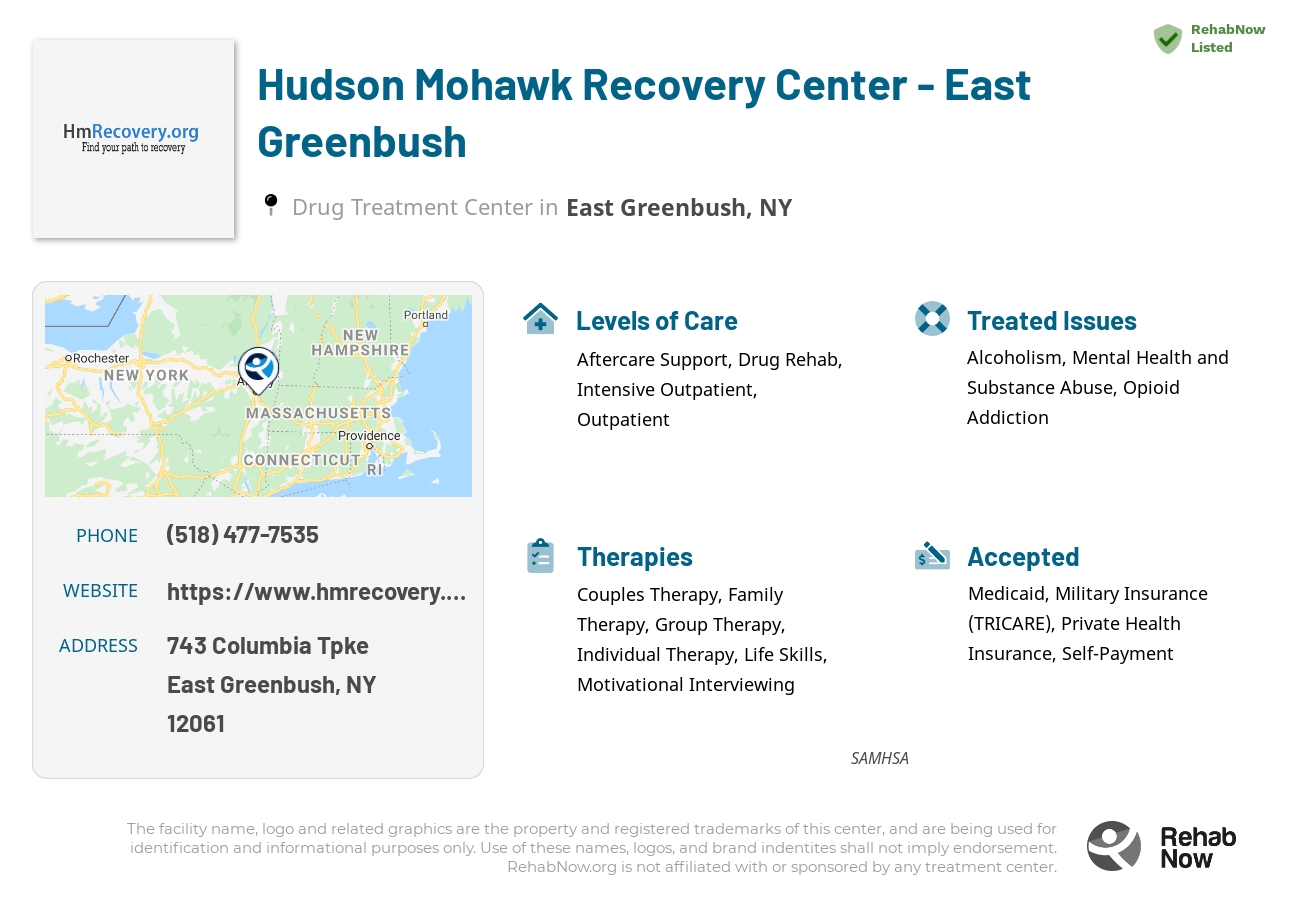 Helpful reference information for Hudson Mohawk Recovery Center - East Greenbush, a drug treatment center in New York located at: 743 Columbia Tpke, East Greenbush, NY 12061, including phone numbers, official website, and more. Listed briefly is an overview of Levels of Care, Therapies Offered, Issues Treated, and accepted forms of Payment Methods.