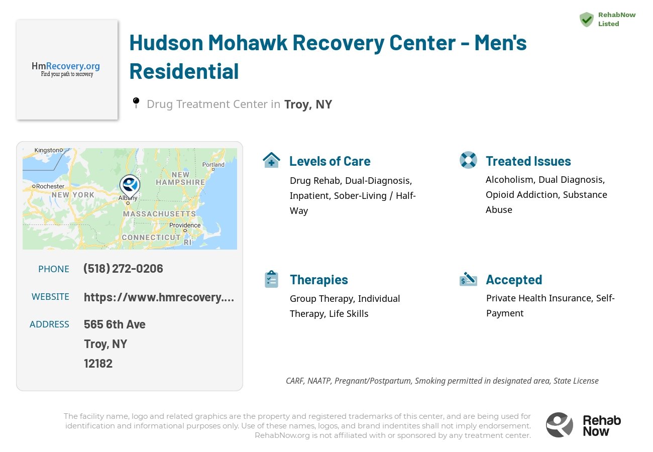 Helpful reference information for Hudson Mohawk Recovery Center - Men's Residential, a drug treatment center in New York located at: 565 6th Ave, Troy, NY 12182, including phone numbers, official website, and more. Listed briefly is an overview of Levels of Care, Therapies Offered, Issues Treated, and accepted forms of Payment Methods.