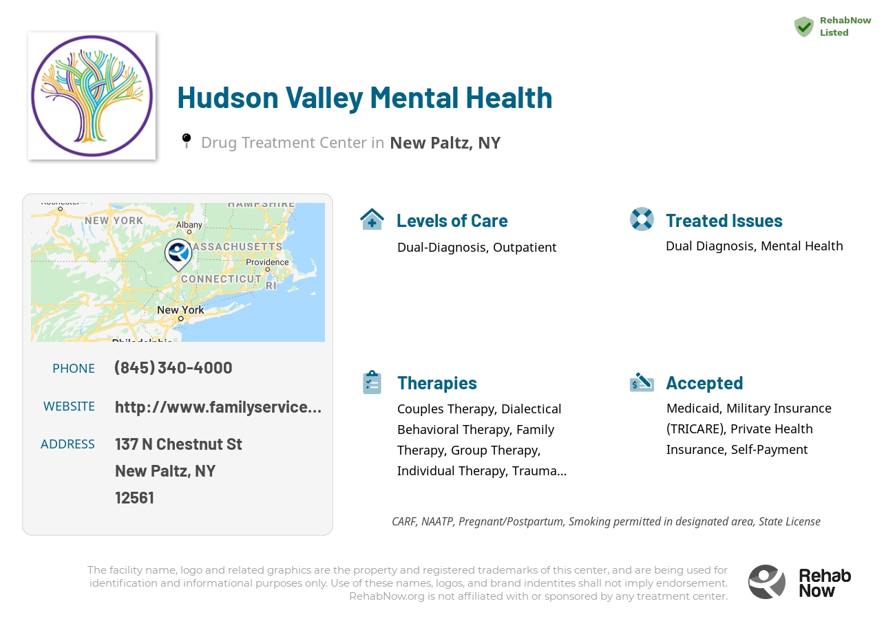 Helpful reference information for Hudson Valley Mental Health, a drug treatment center in New York located at: 137 N Chestnut St, New Paltz, NY 12561, including phone numbers, official website, and more. Listed briefly is an overview of Levels of Care, Therapies Offered, Issues Treated, and accepted forms of Payment Methods.