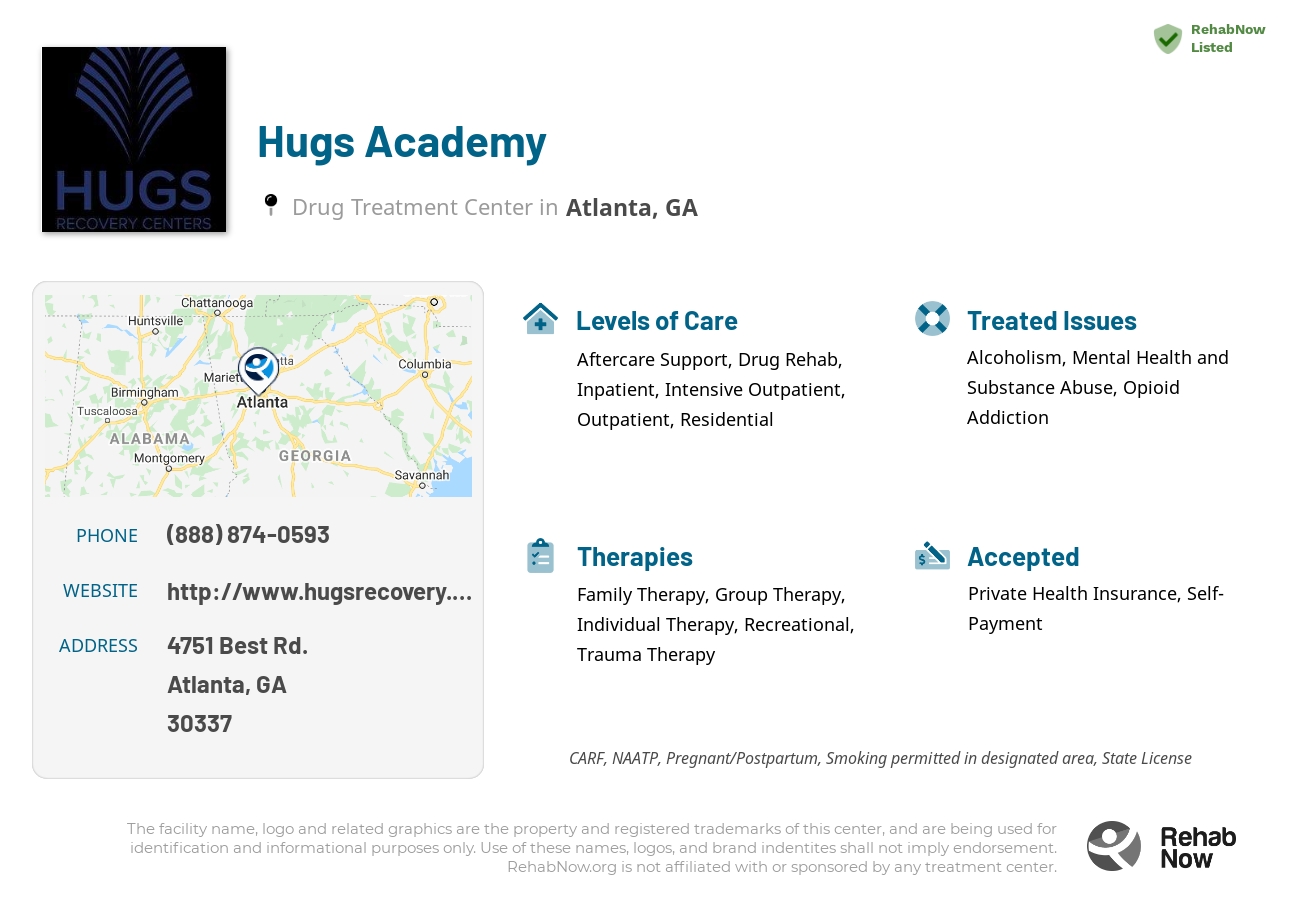 Helpful reference information for Hugs Academy, a drug treatment center in Georgia located at: 4751 4751 Best Rd., Atlanta, GA 30337, including phone numbers, official website, and more. Listed briefly is an overview of Levels of Care, Therapies Offered, Issues Treated, and accepted forms of Payment Methods.
