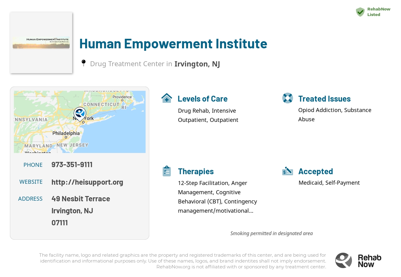 Helpful reference information for Human Empowerment Institute, a drug treatment center in New Jersey located at: 49 Nesbit Terrace, Irvington, NJ 07111, including phone numbers, official website, and more. Listed briefly is an overview of Levels of Care, Therapies Offered, Issues Treated, and accepted forms of Payment Methods.