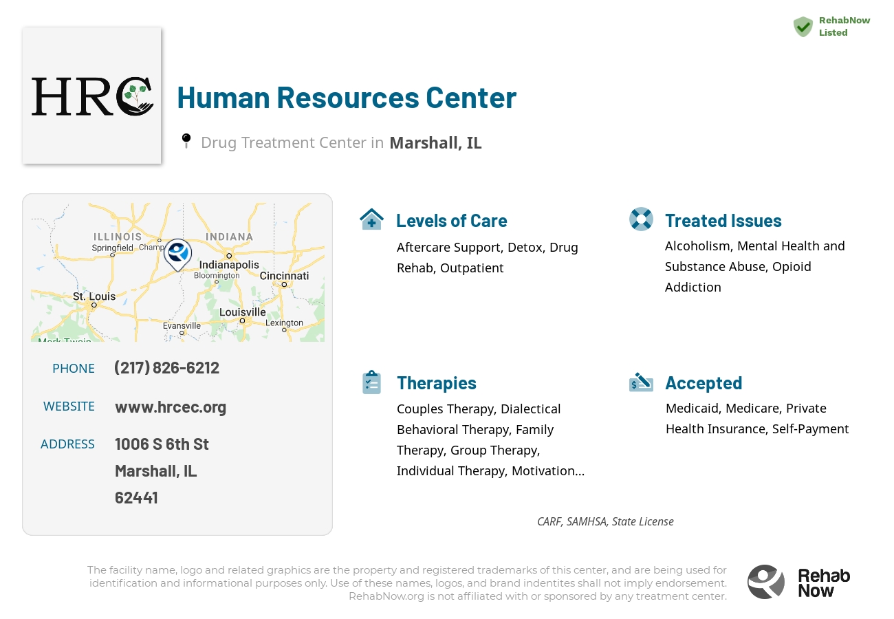 Helpful reference information for Human Resources Center, a drug treatment center in Illinois located at: 1006 S 6th St, Marshall, IL 62441, including phone numbers, official website, and more. Listed briefly is an overview of Levels of Care, Therapies Offered, Issues Treated, and accepted forms of Payment Methods.