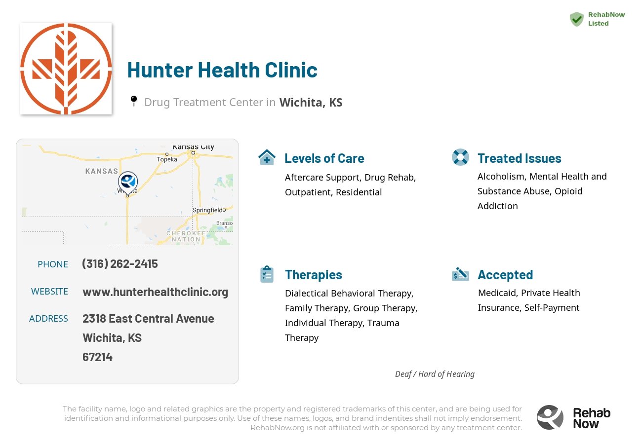 Helpful reference information for Hunter Health Clinic, a drug treatment center in Kansas located at: 2318 East Central Avenue, Wichita, KS 67214, including phone numbers, official website, and more. Listed briefly is an overview of Levels of Care, Therapies Offered, Issues Treated, and accepted forms of Payment Methods.
