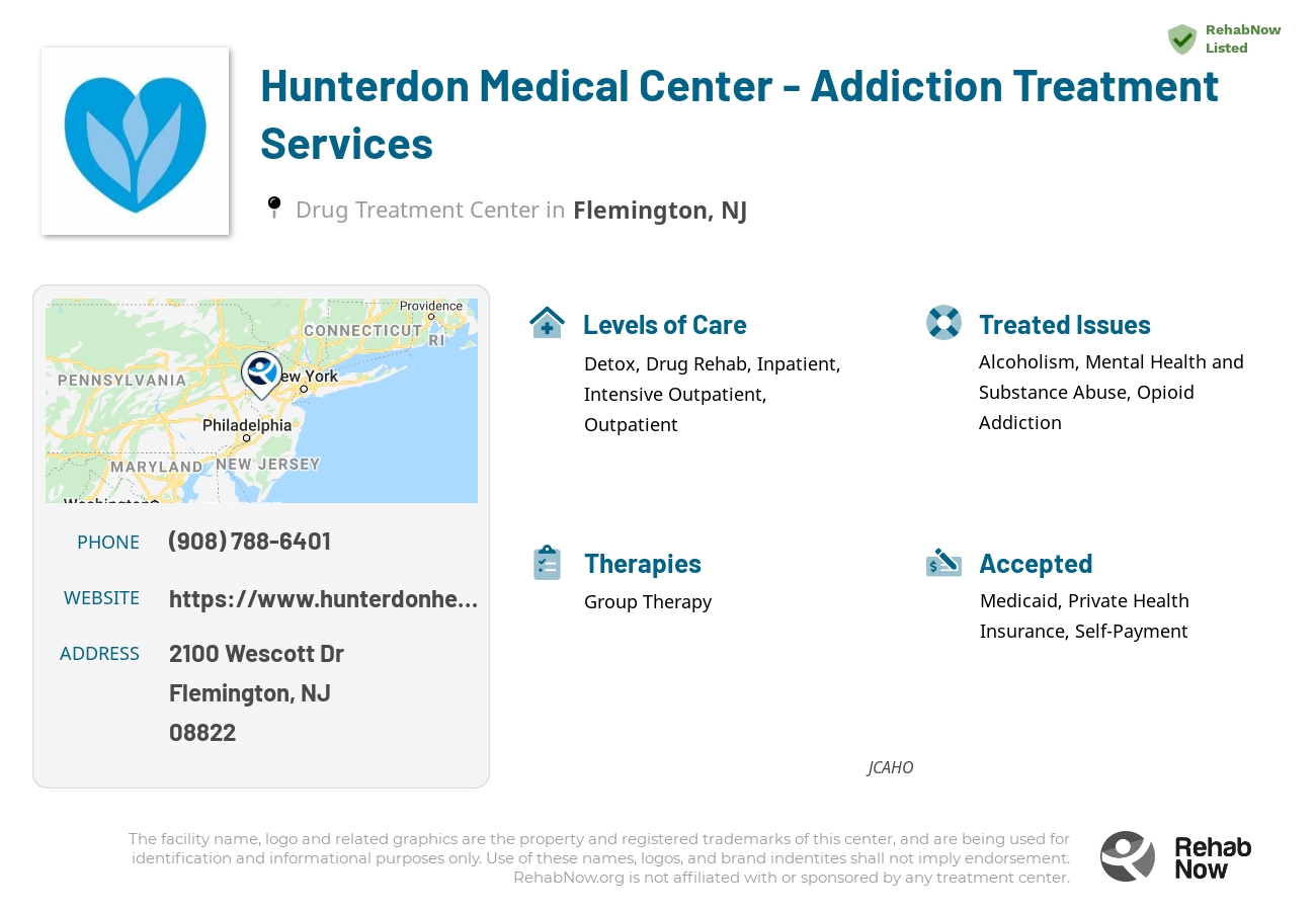 Helpful reference information for Hunterdon Medical Center - Addiction Treatment Services, a drug treatment center in New Jersey located at: 2100 Wescott Dr, Flemington, NJ 08822, including phone numbers, official website, and more. Listed briefly is an overview of Levels of Care, Therapies Offered, Issues Treated, and accepted forms of Payment Methods.