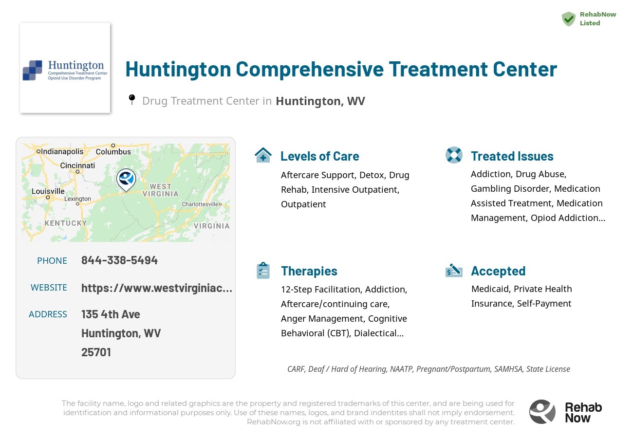 Helpful reference information for Huntington Comprehensive Treatment Center, a drug treatment center in West Virginia located at: 135 4th Ave, Huntington, WV 25701, including phone numbers, official website, and more. Listed briefly is an overview of Levels of Care, Therapies Offered, Issues Treated, and accepted forms of Payment Methods.