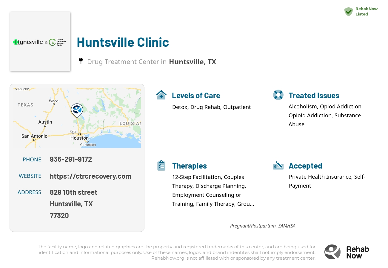 Helpful reference information for Huntsville Clinic, a drug treatment center in Texas located at: 829 10th street, Huntsville, TX, 77320, including phone numbers, official website, and more. Listed briefly is an overview of Levels of Care, Therapies Offered, Issues Treated, and accepted forms of Payment Methods.