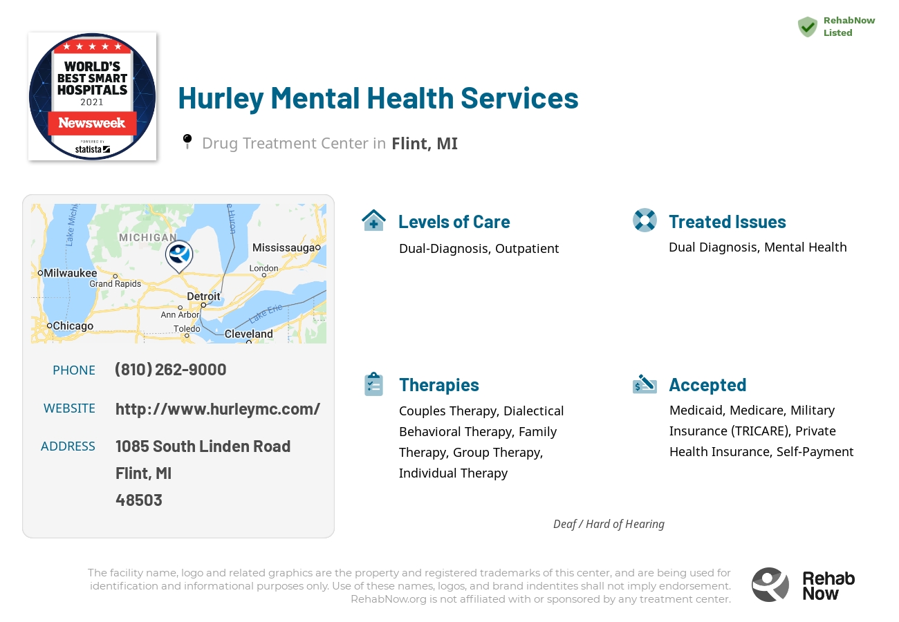 Helpful reference information for Hurley Mental Health Services, a drug treatment center in Michigan located at: 1085 1085 South Linden Road, Flint, MI 48503, including phone numbers, official website, and more. Listed briefly is an overview of Levels of Care, Therapies Offered, Issues Treated, and accepted forms of Payment Methods.