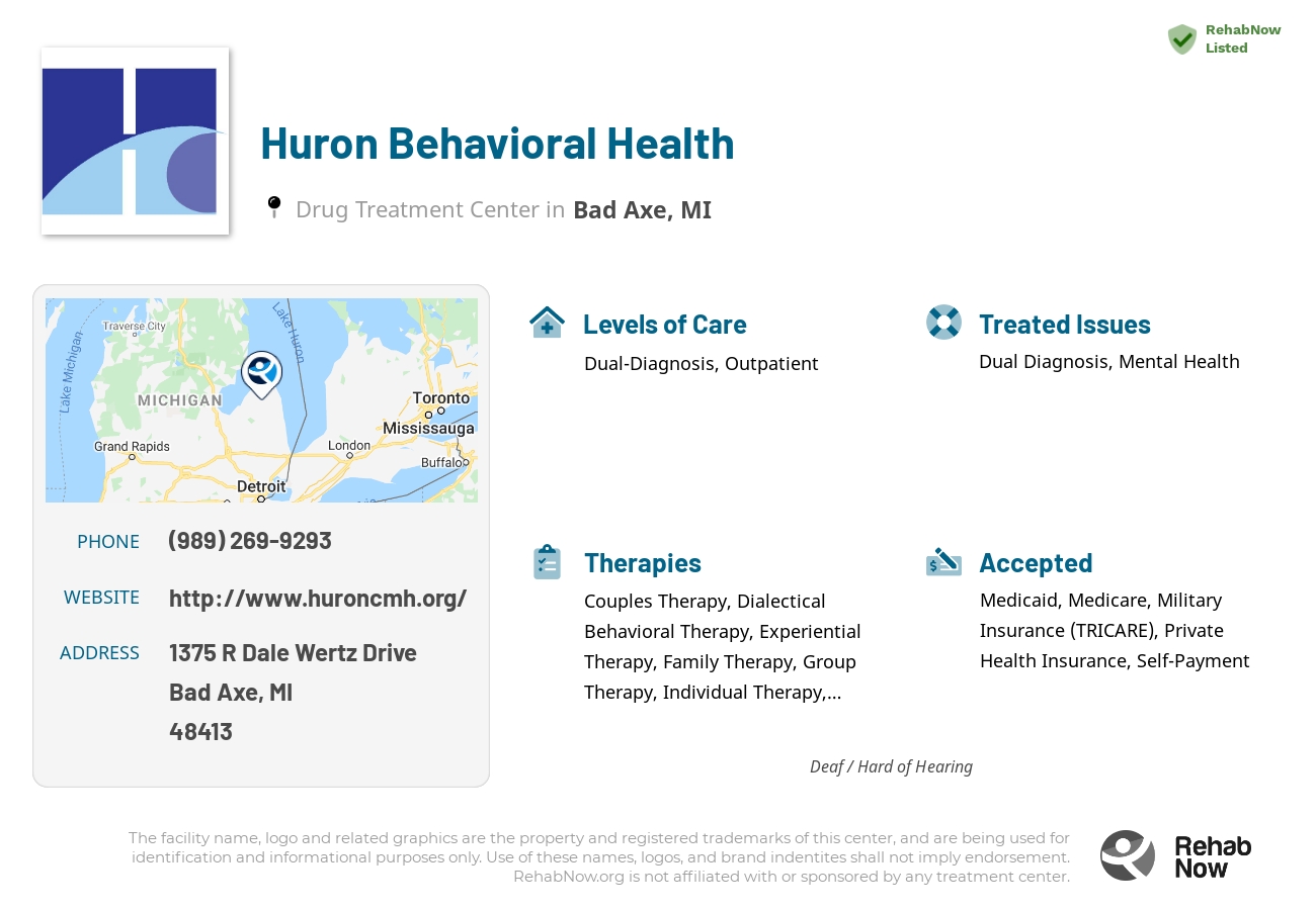 Helpful reference information for Huron Behavioral Health, a drug treatment center in Michigan located at: 1375 R Dale Wertz Drive, Bad Axe, MI 48413, including phone numbers, official website, and more. Listed briefly is an overview of Levels of Care, Therapies Offered, Issues Treated, and accepted forms of Payment Methods.
