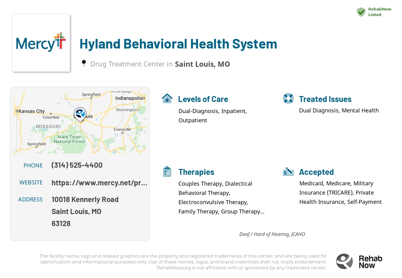 Helpful reference information for Hyland Behavioral Health System, a drug treatment center in Missouri located at: 10018 10018 Kennerly Road, Saint Louis, MO 63128, including phone numbers, official website, and more. Listed briefly is an overview of Levels of Care, Therapies Offered, Issues Treated, and accepted forms of Payment Methods.