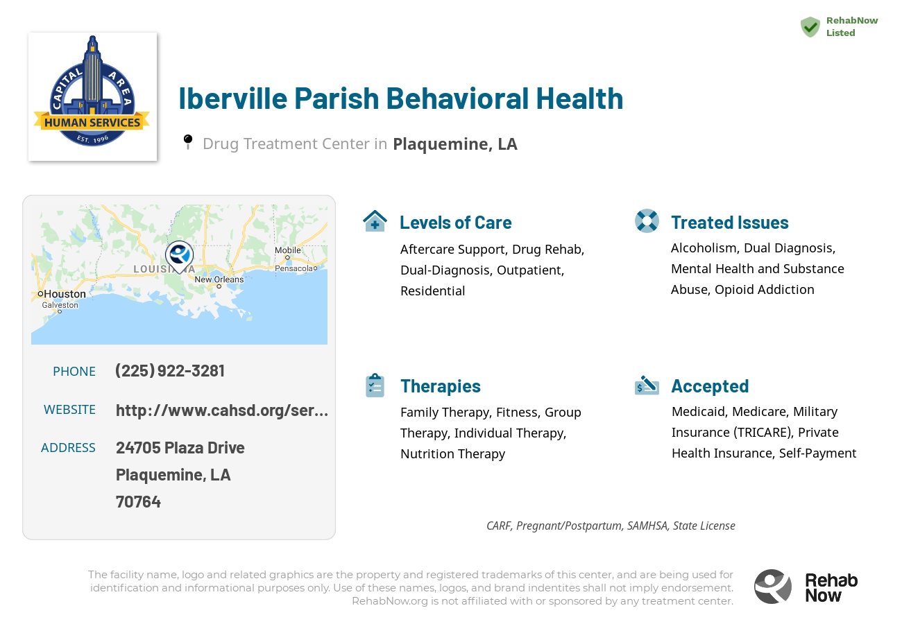 Helpful reference information for Iberville Parish Behavioral Health, a drug treatment center in Louisiana located at: 24705 Plaza Drive, Plaquemine, LA, 70764, including phone numbers, official website, and more. Listed briefly is an overview of Levels of Care, Therapies Offered, Issues Treated, and accepted forms of Payment Methods.