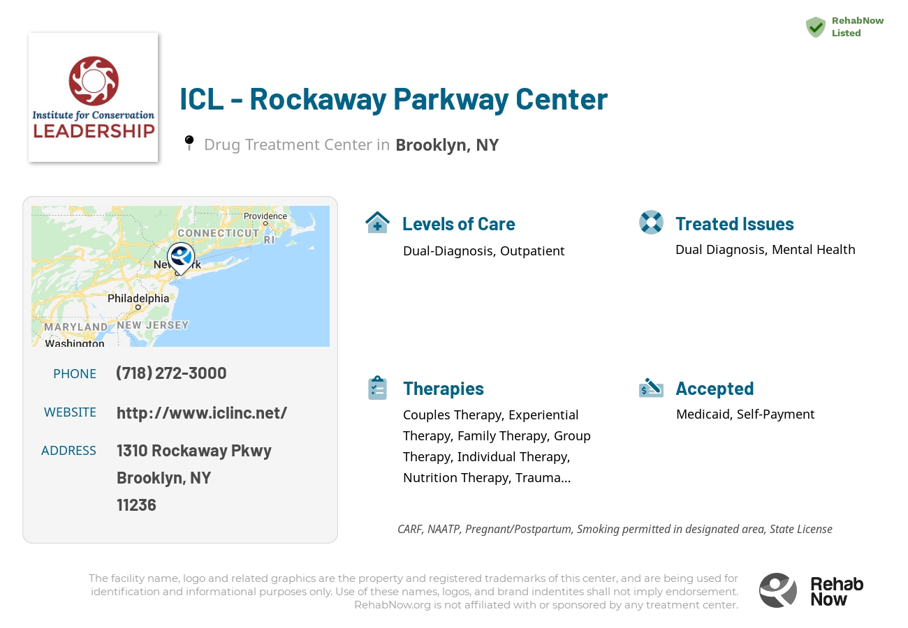 Helpful reference information for ICL - Rockaway Parkway Center, a drug treatment center in New York located at: 1310 Rockaway Pkwy, Brooklyn, NY 11236, including phone numbers, official website, and more. Listed briefly is an overview of Levels of Care, Therapies Offered, Issues Treated, and accepted forms of Payment Methods.