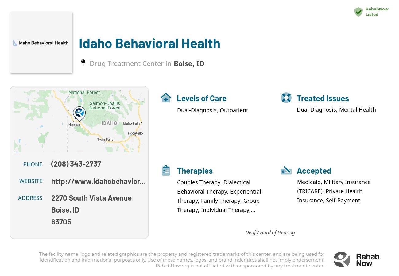 Helpful reference information for Idaho Behavioral Health, a drug treatment center in Idaho located at: 2270 2270 South Vista Avenue, Boise, ID 83705, including phone numbers, official website, and more. Listed briefly is an overview of Levels of Care, Therapies Offered, Issues Treated, and accepted forms of Payment Methods.