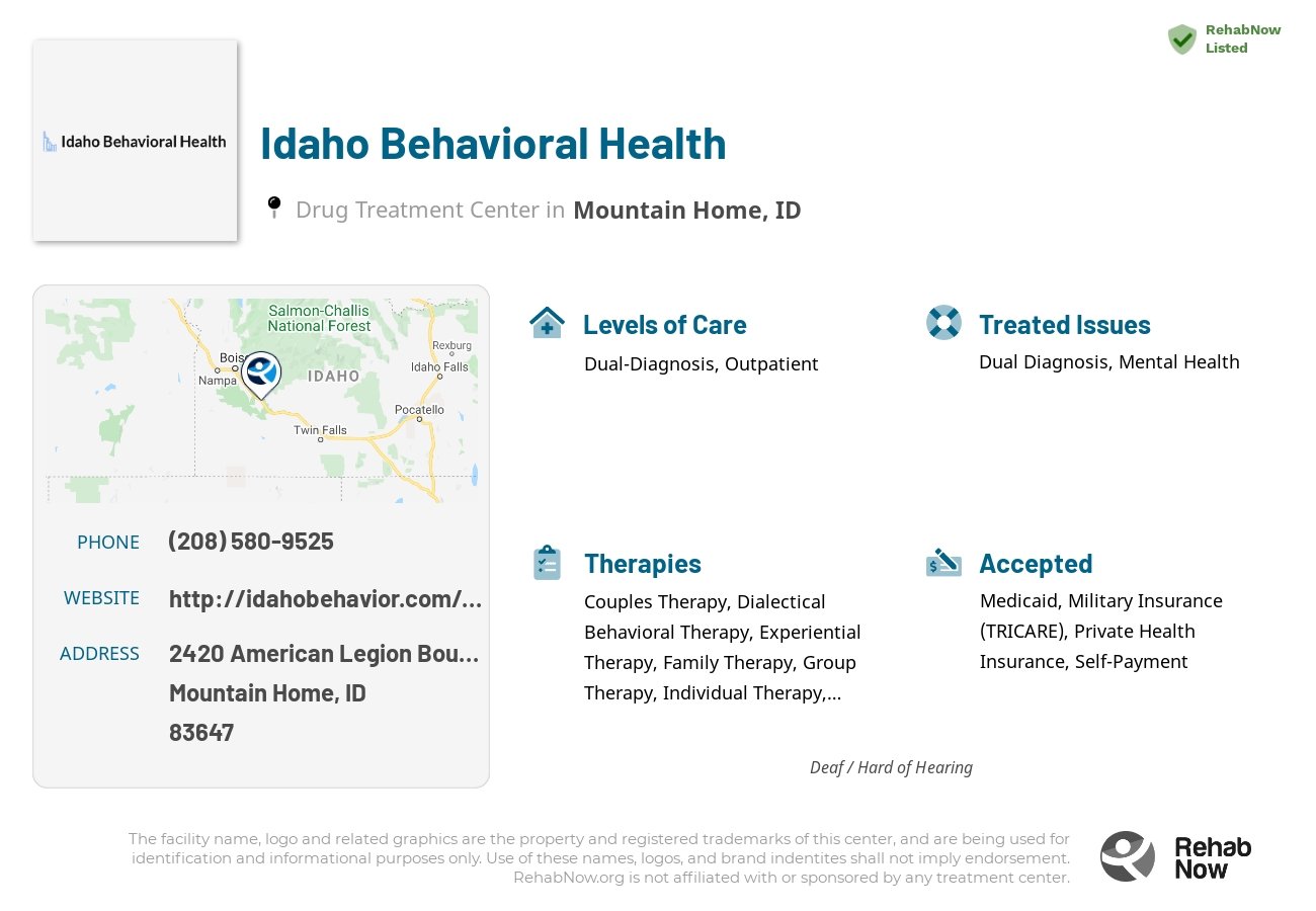 Helpful reference information for Idaho Behavioral Health, a drug treatment center in Idaho located at: 2420 2420 American Legion Boulevard, Mountain Home, ID 83647, including phone numbers, official website, and more. Listed briefly is an overview of Levels of Care, Therapies Offered, Issues Treated, and accepted forms of Payment Methods.