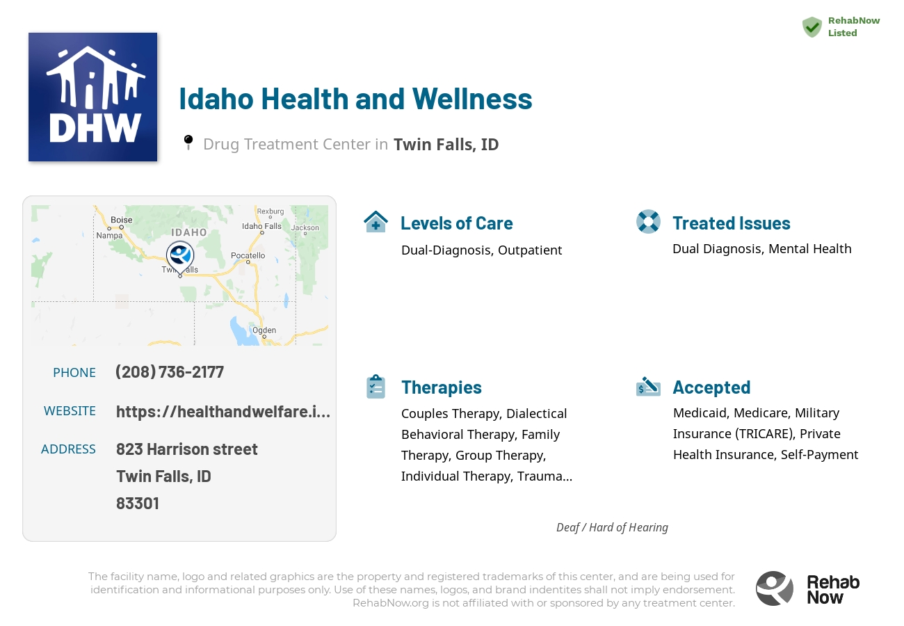 Helpful reference information for Idaho Health and Wellness, a drug treatment center in Idaho located at: 823 823 Harrison street, Twin Falls, ID 83301, including phone numbers, official website, and more. Listed briefly is an overview of Levels of Care, Therapies Offered, Issues Treated, and accepted forms of Payment Methods.