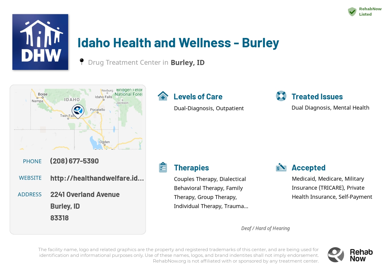 Helpful reference information for Idaho Health and Wellness - Burley, a drug treatment center in Idaho located at: 2241 2241 Overland Avenue, Burley, ID 83318, including phone numbers, official website, and more. Listed briefly is an overview of Levels of Care, Therapies Offered, Issues Treated, and accepted forms of Payment Methods.
