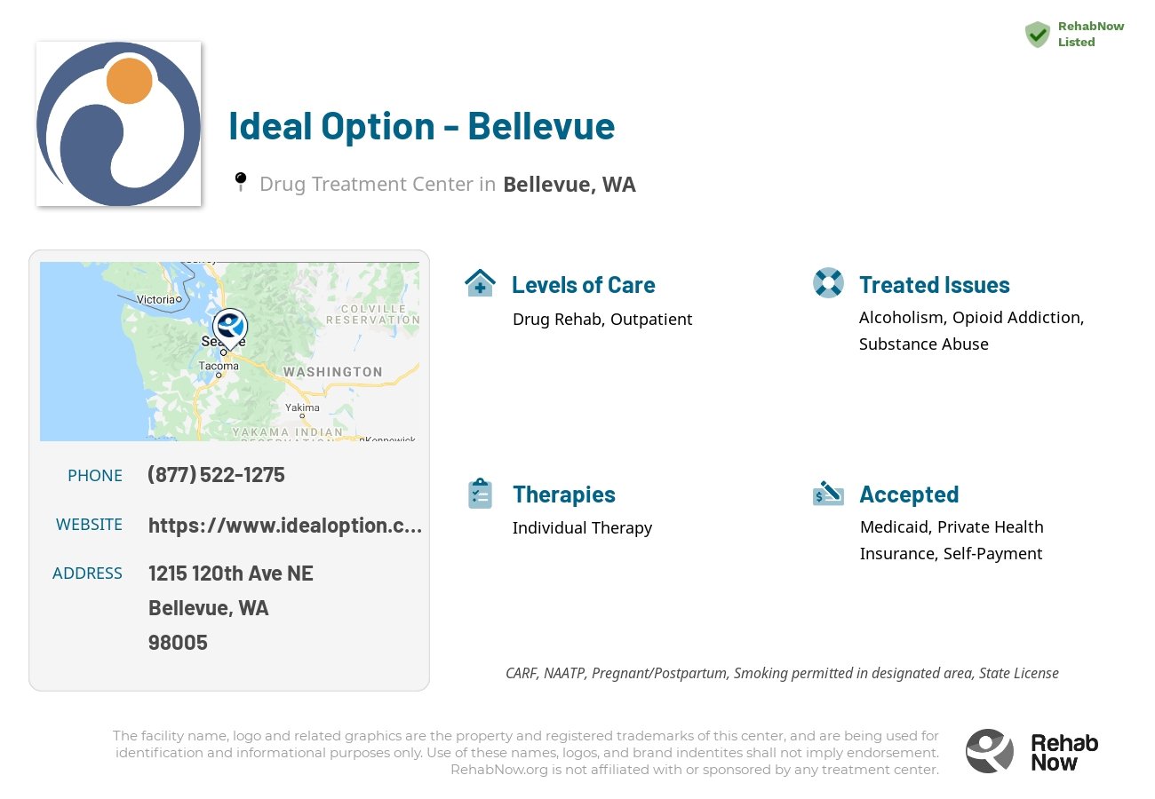 Helpful reference information for Ideal Option - Bellevue, a drug treatment center in Washington located at: 1215 120th Ave NE, Bellevue, WA 98005, including phone numbers, official website, and more. Listed briefly is an overview of Levels of Care, Therapies Offered, Issues Treated, and accepted forms of Payment Methods.