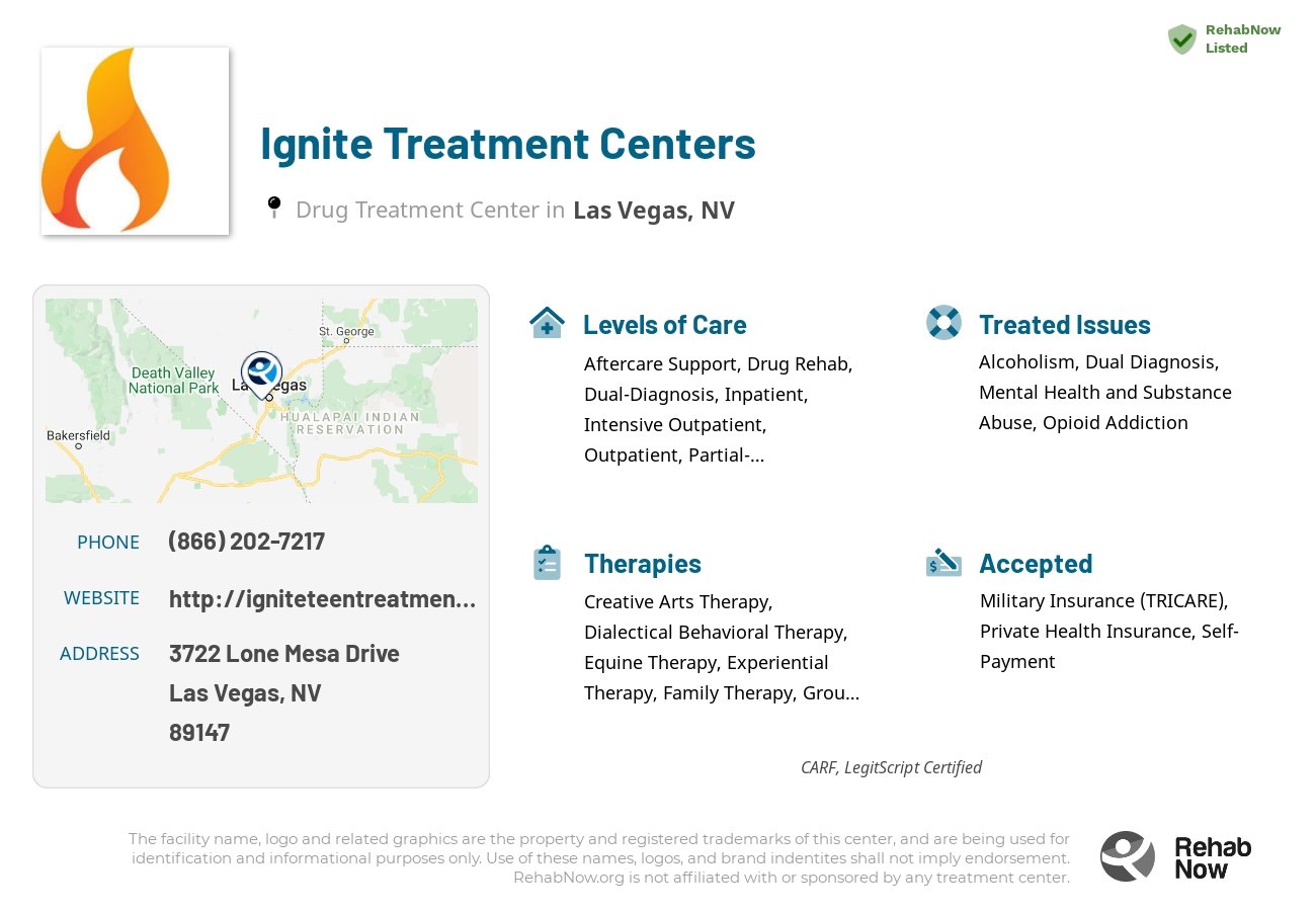 Helpful reference information for Ignite Treatment Centers, a drug treatment center in Nevada located at: 3722 3722 Lone Mesa Drive, Las Vegas, NV 89147, including phone numbers, official website, and more. Listed briefly is an overview of Levels of Care, Therapies Offered, Issues Treated, and accepted forms of Payment Methods.