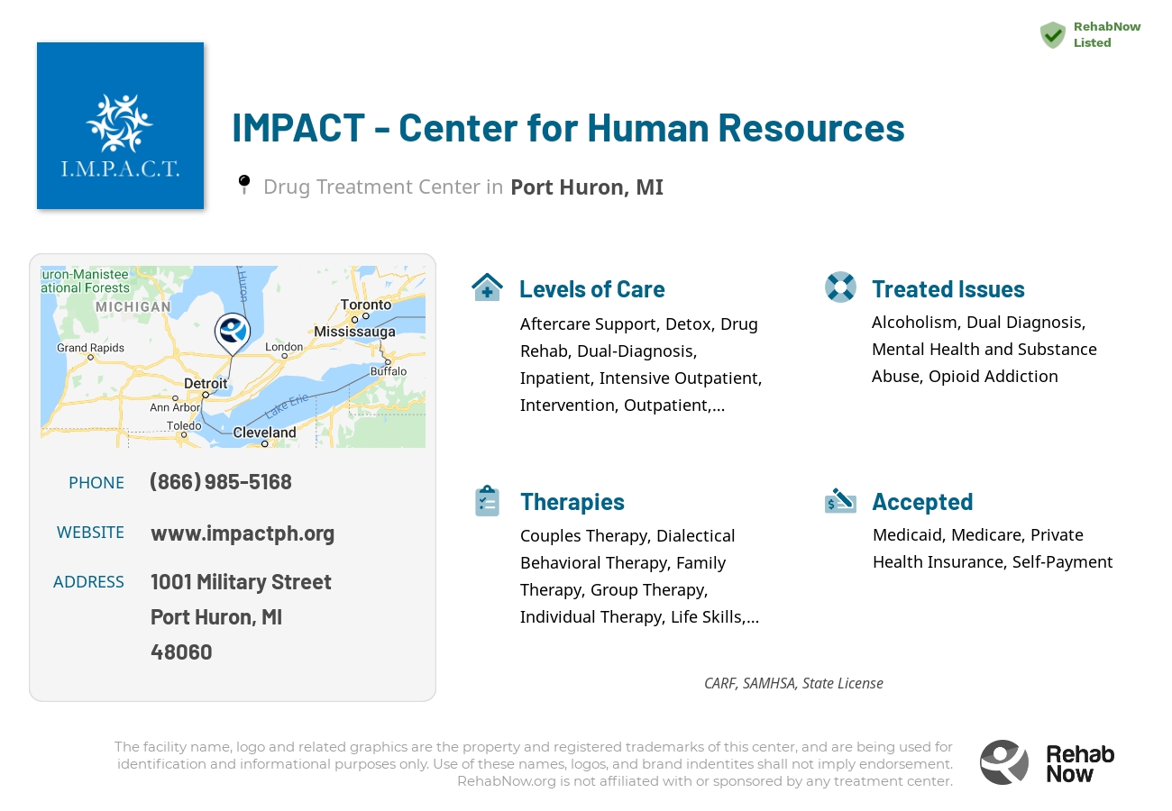 Helpful reference information for IMPACT - Center for Human Resources, a drug treatment center in Michigan located at: 1001 Military Street, Port Huron, MI, 48060, including phone numbers, official website, and more. Listed briefly is an overview of Levels of Care, Therapies Offered, Issues Treated, and accepted forms of Payment Methods.