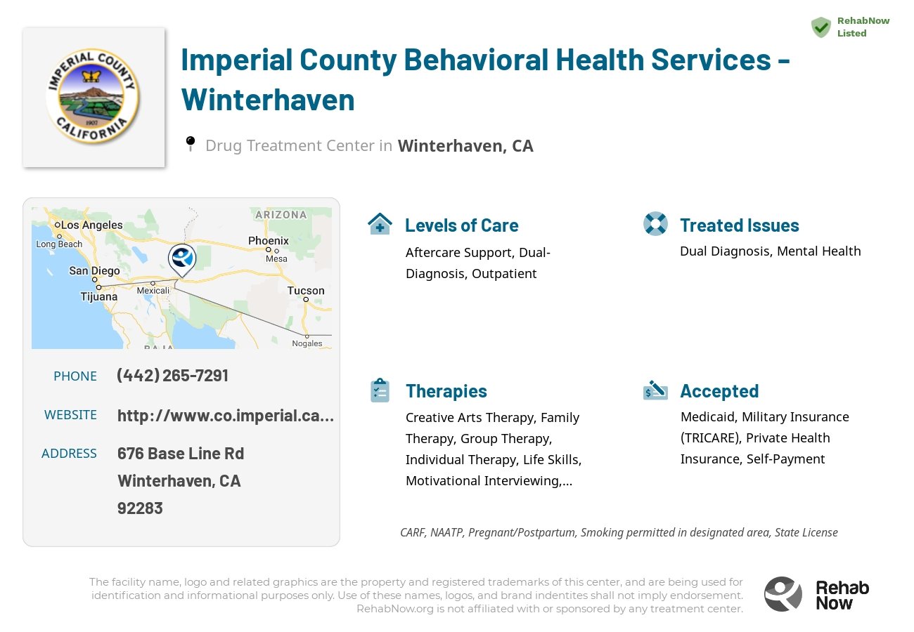 Helpful reference information for Imperial County Behavioral Health Services - Winterhaven, a drug treatment center in California located at: 676 Base Line Rd, Winterhaven, CA 92283, including phone numbers, official website, and more. Listed briefly is an overview of Levels of Care, Therapies Offered, Issues Treated, and accepted forms of Payment Methods.