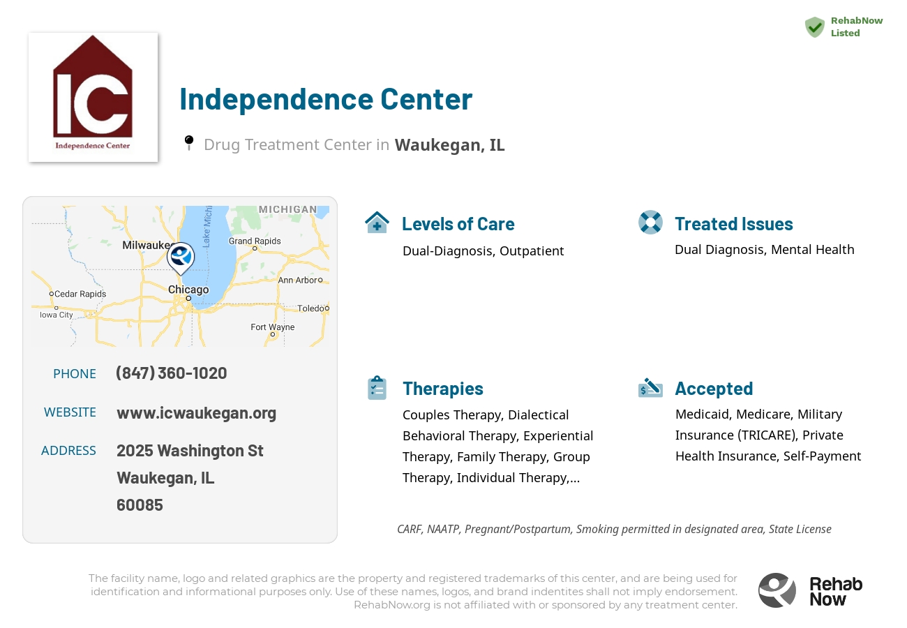 Helpful reference information for Independence Center, a drug treatment center in Illinois located at: 2025 Washington St, Waukegan, IL 60085, including phone numbers, official website, and more. Listed briefly is an overview of Levels of Care, Therapies Offered, Issues Treated, and accepted forms of Payment Methods.