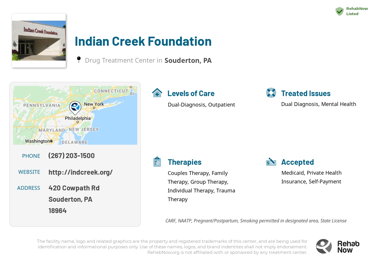 Helpful reference information for Indian Creek Foundation, a drug treatment center in Pennsylvania located at: 420 Cowpath Rd, Souderton, PA 18964, including phone numbers, official website, and more. Listed briefly is an overview of Levels of Care, Therapies Offered, Issues Treated, and accepted forms of Payment Methods.