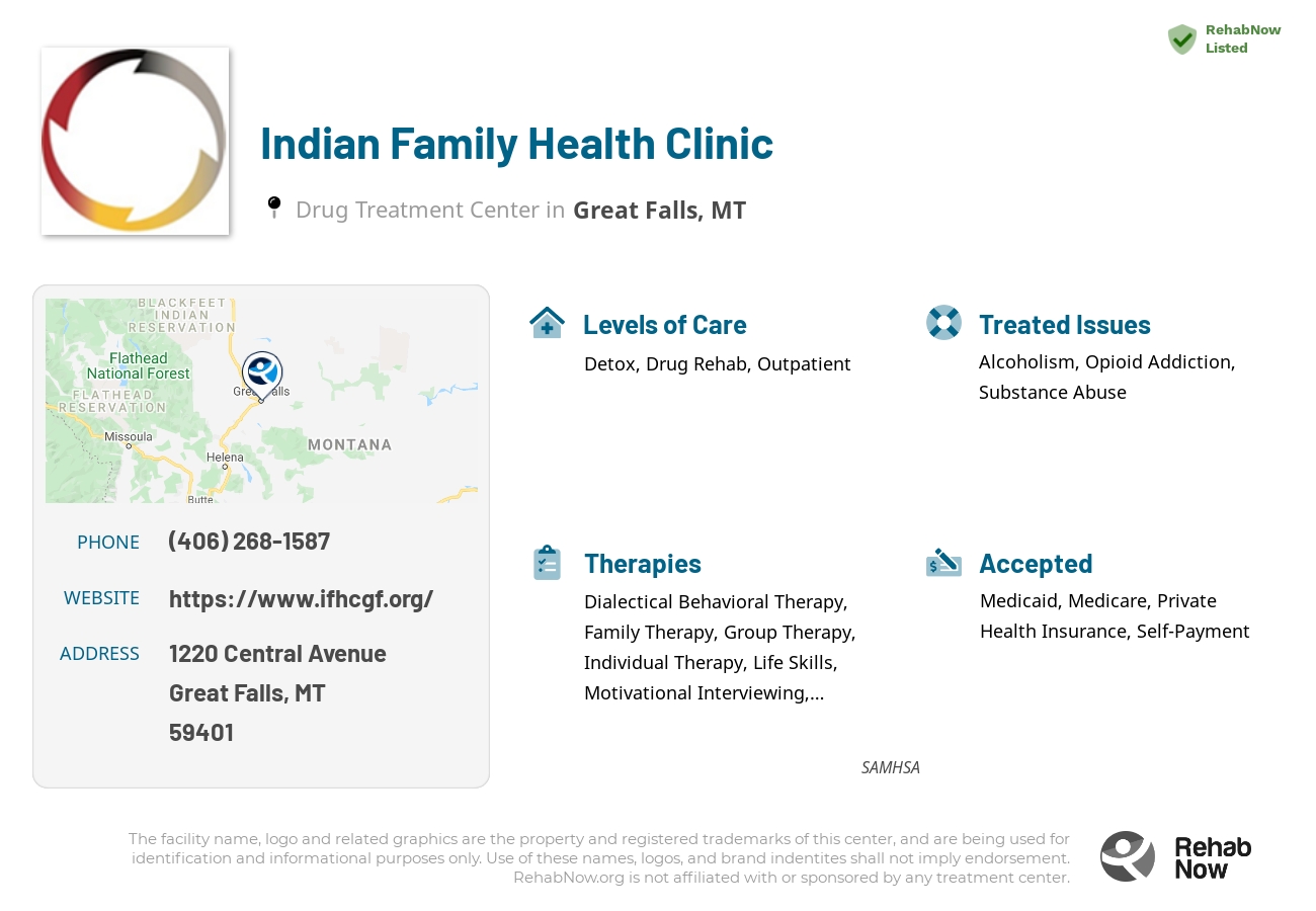 Helpful reference information for Indian Family Health Clinic, a drug treatment center in Montana located at: 1220 1220 Central Avenue, Great Falls, MT 59401, including phone numbers, official website, and more. Listed briefly is an overview of Levels of Care, Therapies Offered, Issues Treated, and accepted forms of Payment Methods.