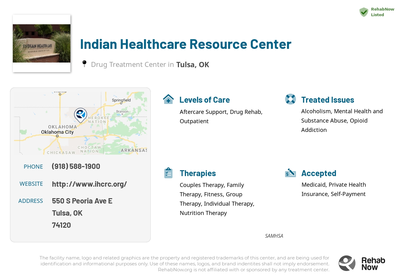 Helpful reference information for Indian Healthcare Resource Center, a drug treatment center in Oklahoma located at: 550 S Peoria Ave E, Tulsa, OK 74120, including phone numbers, official website, and more. Listed briefly is an overview of Levels of Care, Therapies Offered, Issues Treated, and accepted forms of Payment Methods.