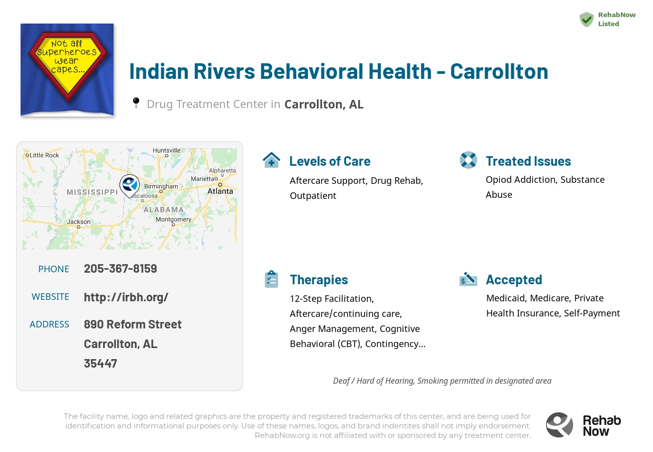 Helpful reference information for Indian Rivers Behavioral Health - Carrollton, a drug treatment center in Alabama located at: 890 Reform Street, Carrollton, AL 35447, including phone numbers, official website, and more. Listed briefly is an overview of Levels of Care, Therapies Offered, Issues Treated, and accepted forms of Payment Methods.