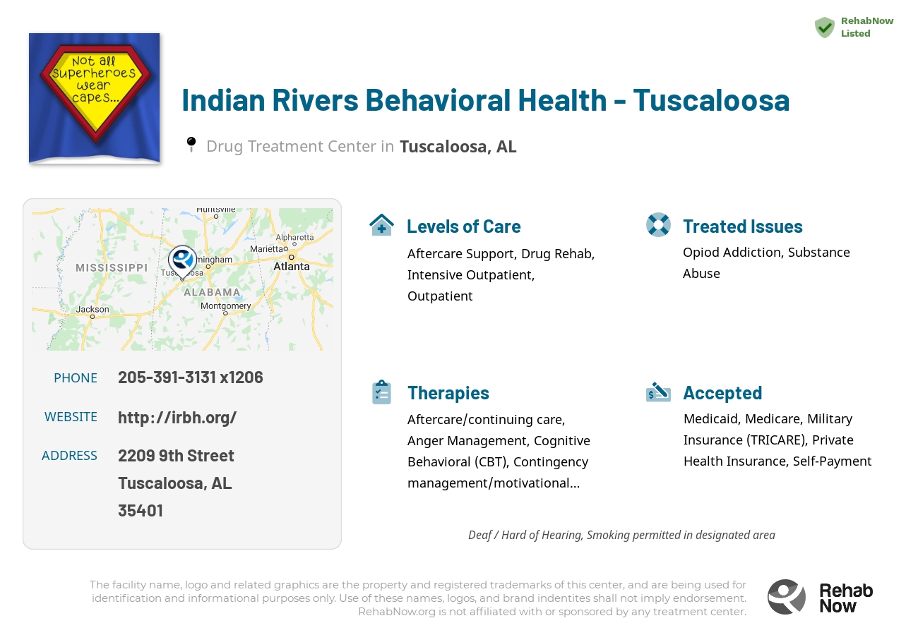 Helpful reference information for Indian Rivers Behavioral Health - Tuscaloosa, a drug treatment center in Alabama located at: 2209 9th Street, Tuscaloosa, AL 35401, including phone numbers, official website, and more. Listed briefly is an overview of Levels of Care, Therapies Offered, Issues Treated, and accepted forms of Payment Methods.