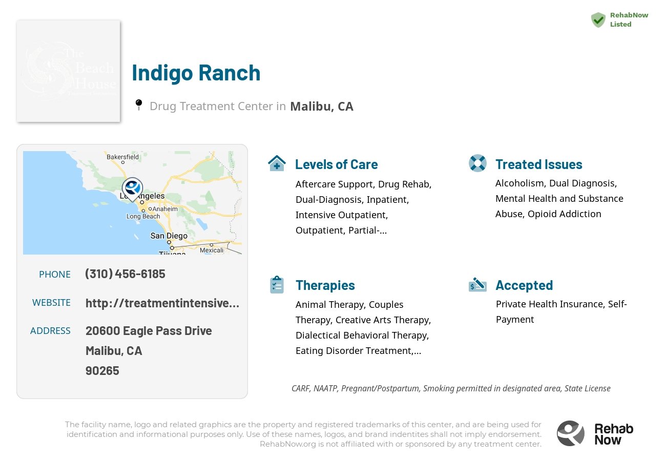 Helpful reference information for Indigo Ranch, a drug treatment center in California located at: 20600 Eagle Pass Drive, Malibu, CA, 90265, including phone numbers, official website, and more. Listed briefly is an overview of Levels of Care, Therapies Offered, Issues Treated, and accepted forms of Payment Methods.