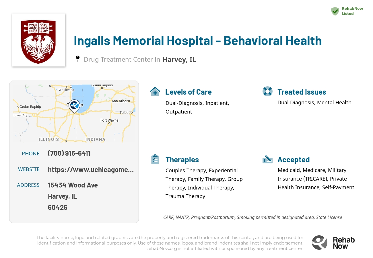 Helpful reference information for Ingalls Memorial Hospital - Behavioral Health, a drug treatment center in Illinois located at: 15434 Wood Ave, Harvey, IL 60426, including phone numbers, official website, and more. Listed briefly is an overview of Levels of Care, Therapies Offered, Issues Treated, and accepted forms of Payment Methods.