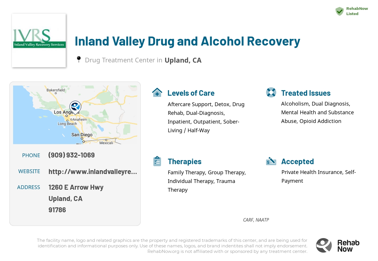 Helpful reference information for Inland Valley Drug and Alcohol Recovery, a drug treatment center in California located at: 1260 E Arrow Hwy, Upland, CA 91786, including phone numbers, official website, and more. Listed briefly is an overview of Levels of Care, Therapies Offered, Issues Treated, and accepted forms of Payment Methods.