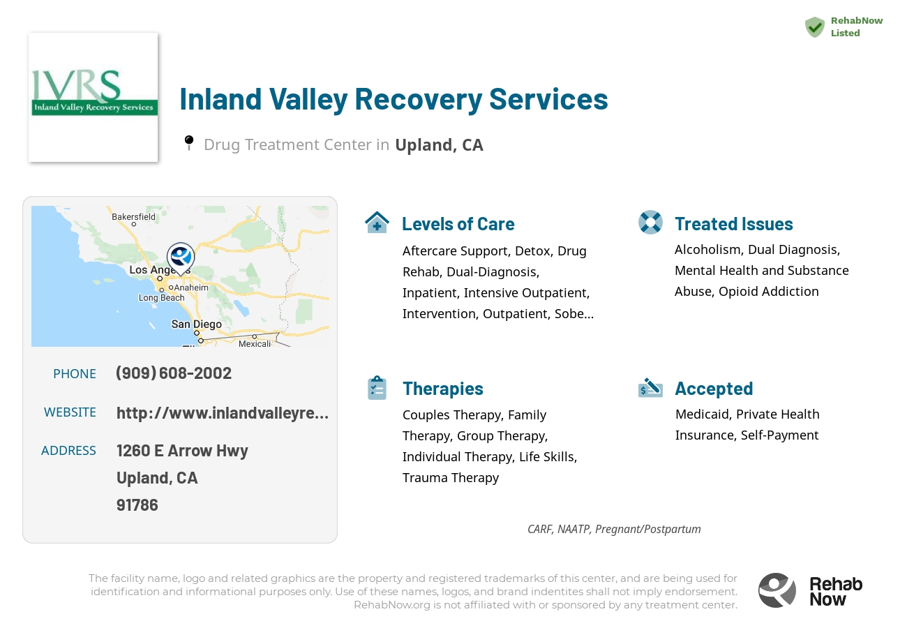 Helpful reference information for Inland Valley Recovery Services, a drug treatment center in California located at: 1260 E Arrow Hwy, Upland, CA 91786, including phone numbers, official website, and more. Listed briefly is an overview of Levels of Care, Therapies Offered, Issues Treated, and accepted forms of Payment Methods.