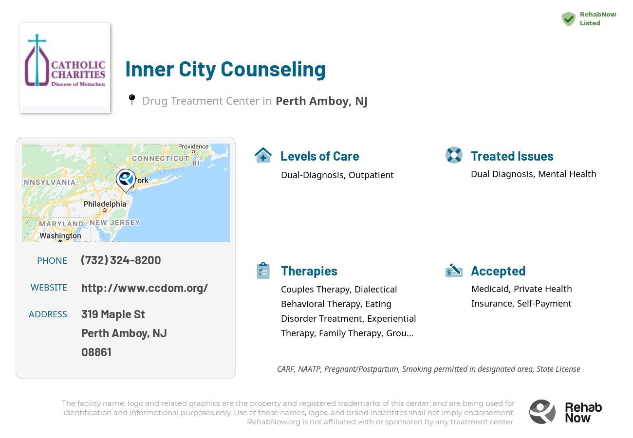 Helpful reference information for Inner City Counseling, a drug treatment center in New Jersey located at: 319 Maple St, Perth Amboy, NJ 08861, including phone numbers, official website, and more. Listed briefly is an overview of Levels of Care, Therapies Offered, Issues Treated, and accepted forms of Payment Methods.