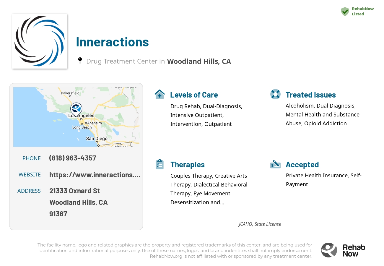 Helpful reference information for Inneractions, a drug treatment center in California located at: 21333 Oxnard St, Woodland Hills, CA 91367, including phone numbers, official website, and more. Listed briefly is an overview of Levels of Care, Therapies Offered, Issues Treated, and accepted forms of Payment Methods.