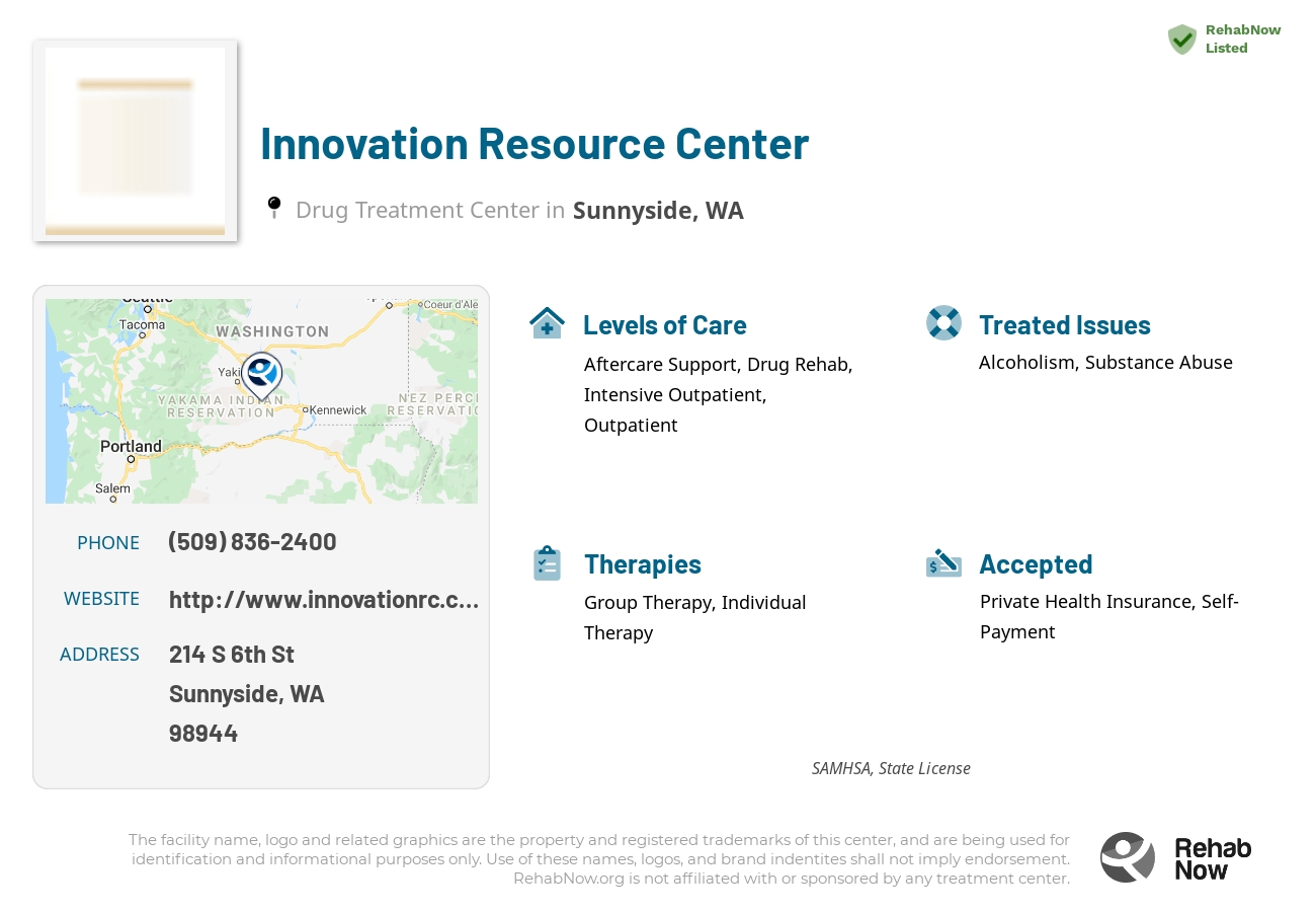 Helpful reference information for Innovation Resource Center, a drug treatment center in Washington located at: 214 S 6th St, Sunnyside, WA 98944, including phone numbers, official website, and more. Listed briefly is an overview of Levels of Care, Therapies Offered, Issues Treated, and accepted forms of Payment Methods.