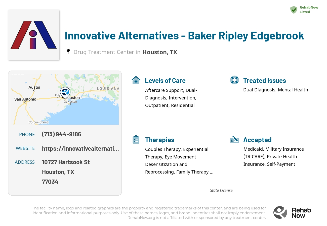 Helpful reference information for Innovative Alternatives - Baker Ripley Edgebrook, a drug treatment center in Texas located at: 10727 Hartsook St, Houston, TX 77034, including phone numbers, official website, and more. Listed briefly is an overview of Levels of Care, Therapies Offered, Issues Treated, and accepted forms of Payment Methods.