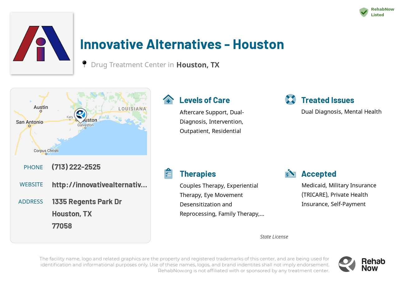 Helpful reference information for Innovative Alternatives - Houston, a drug treatment center in Texas located at: 1335 Regents Park Dr, Houston, TX 77058, including phone numbers, official website, and more. Listed briefly is an overview of Levels of Care, Therapies Offered, Issues Treated, and accepted forms of Payment Methods.