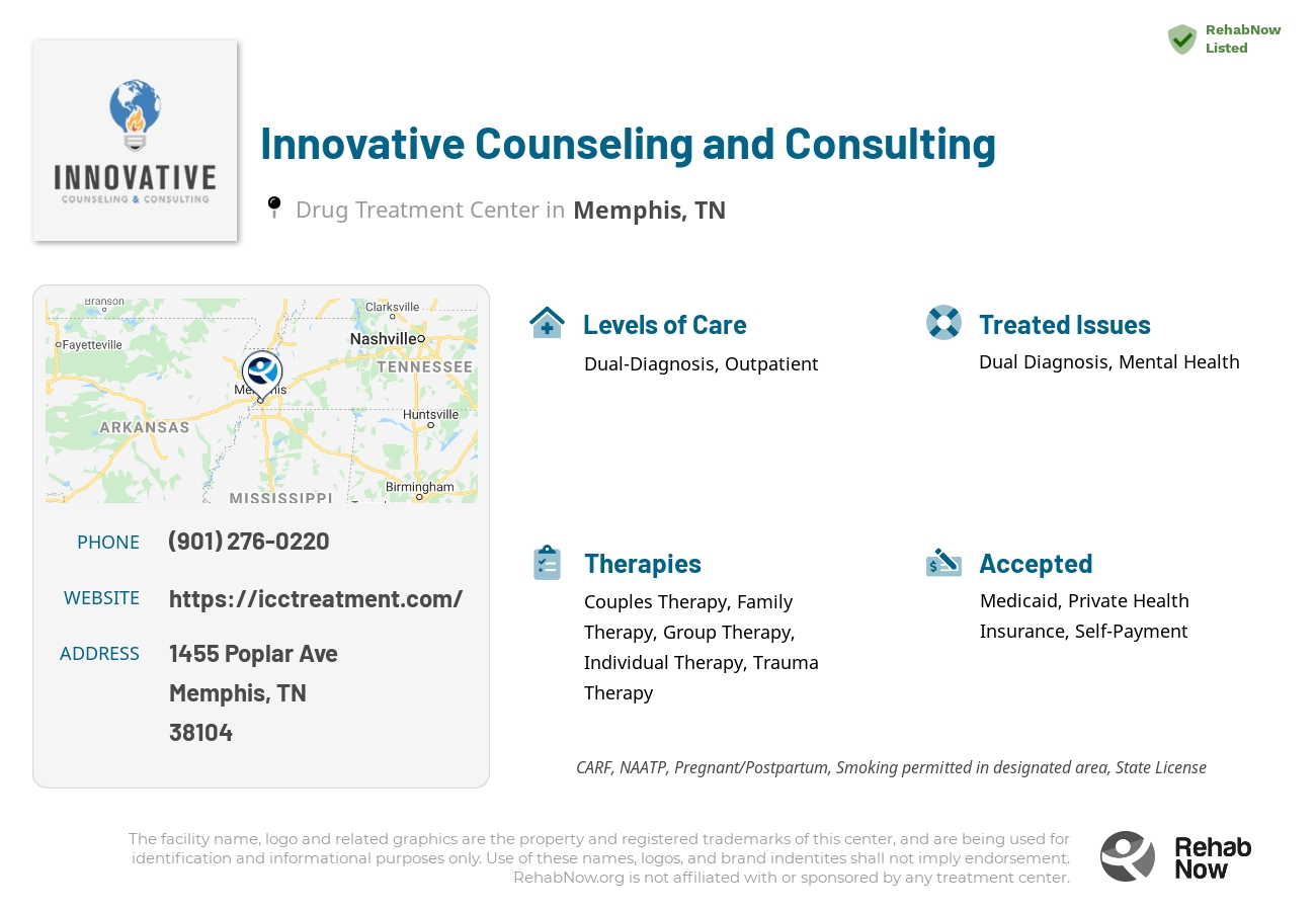 Helpful reference information for Innovative Counseling and Consulting, a drug treatment center in Tennessee located at: 1455 Poplar Ave, Memphis, TN 38104, including phone numbers, official website, and more. Listed briefly is an overview of Levels of Care, Therapies Offered, Issues Treated, and accepted forms of Payment Methods.