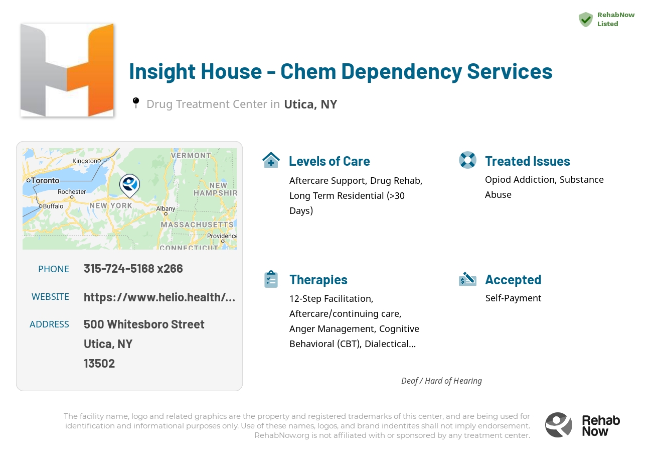 Helpful reference information for Insight House - Chem Dependency Services, a drug treatment center in New York located at: 500 Whitesboro Street, Utica, NY 13502, including phone numbers, official website, and more. Listed briefly is an overview of Levels of Care, Therapies Offered, Issues Treated, and accepted forms of Payment Methods.
