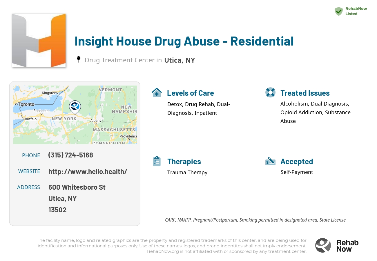 Helpful reference information for Insight House Drug Abuse - Residential, a drug treatment center in New York located at: 500 Whitesboro St, Utica, NY 13502, including phone numbers, official website, and more. Listed briefly is an overview of Levels of Care, Therapies Offered, Issues Treated, and accepted forms of Payment Methods.