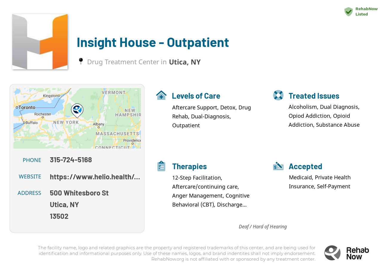 Helpful reference information for Insight House - Outpatient, a drug treatment center in New York located at: 500 Whitesboro St, Utica, NY 13502, including phone numbers, official website, and more. Listed briefly is an overview of Levels of Care, Therapies Offered, Issues Treated, and accepted forms of Payment Methods.