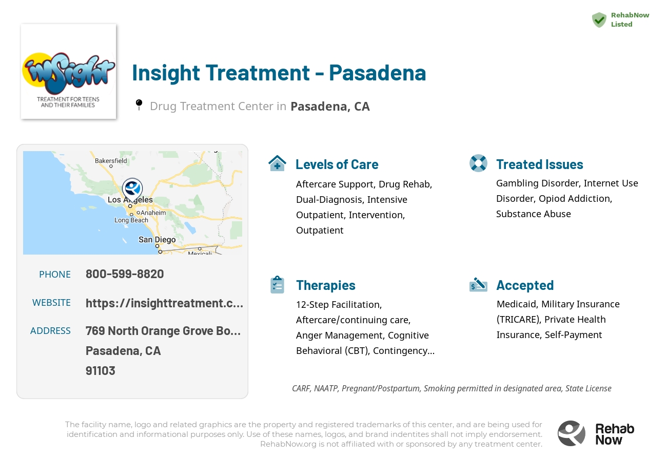 Helpful reference information for Insight Treatment - Pasadena, a drug treatment center in California located at: 769  North Orange Grove Boulevard, Pasadena, CA 91103, including phone numbers, official website, and more. Listed briefly is an overview of Levels of Care, Therapies Offered, Issues Treated, and accepted forms of Payment Methods.