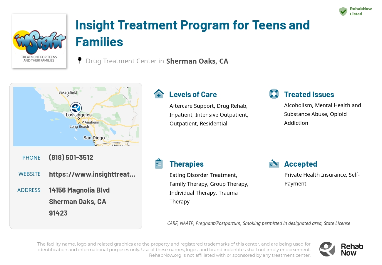 Helpful reference information for Insight Treatment Program for Teens and Families, a drug treatment center in California located at: 14156 Magnolia Blvd, Sherman Oaks, CA 91423, including phone numbers, official website, and more. Listed briefly is an overview of Levels of Care, Therapies Offered, Issues Treated, and accepted forms of Payment Methods.