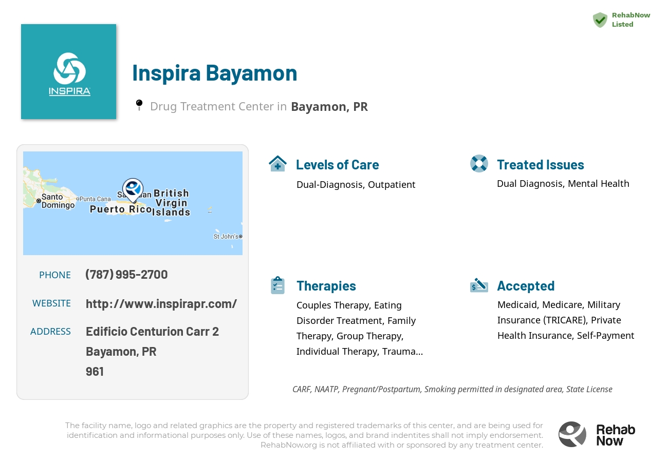 Helpful reference information for Inspira Bayamon, a drug treatment center in Puerto Rico located at: Edificio Centurion Carr 2, Bayamon, PR, 00961, including phone numbers, official website, and more. Listed briefly is an overview of Levels of Care, Therapies Offered, Issues Treated, and accepted forms of Payment Methods.