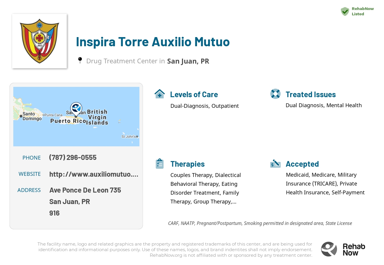 Helpful reference information for Inspira Torre Auxilio Mutuo, a drug treatment center in Puerto Rico located at: Ave Ponce De Leon 735, San Juan, PR, 00916, including phone numbers, official website, and more. Listed briefly is an overview of Levels of Care, Therapies Offered, Issues Treated, and accepted forms of Payment Methods.