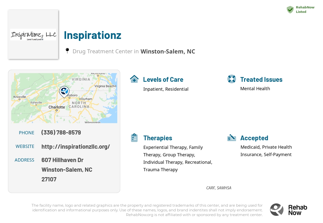 Helpful reference information for Inspirationz, a drug treatment center in North Carolina located at: 607 Hillhaven Dr, Winston-Salem, NC 27107, including phone numbers, official website, and more. Listed briefly is an overview of Levels of Care, Therapies Offered, Issues Treated, and accepted forms of Payment Methods.
